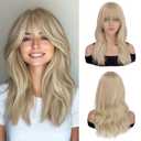 Haloo Blonde Wigs with Bangs - 19 Inch Natural Wavy Synthetic Heat Resistant Medium Length Hair Wigs for Women, Daily Party, Dirty Blonde