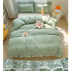 MOOWOO Chic Ruffle Lace Polyester Duvet Cover Set -Girl Green Bedding-2 Piece Twin Duvet Cover with Zipper Closure -Ultra Soft and Light Weight (Green,Twin Size)