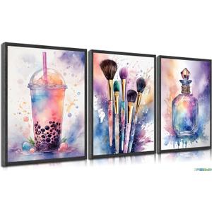 Cute Room Decor for Teen Girls Bedroom Wall Art Pink and Purple Splash Splash Aesthetic Picture Print Makeup Enthusiast Teenager Poster Painting Drinks Makeup Brushes and Perfumes Home Decoration 16x24in Unframed