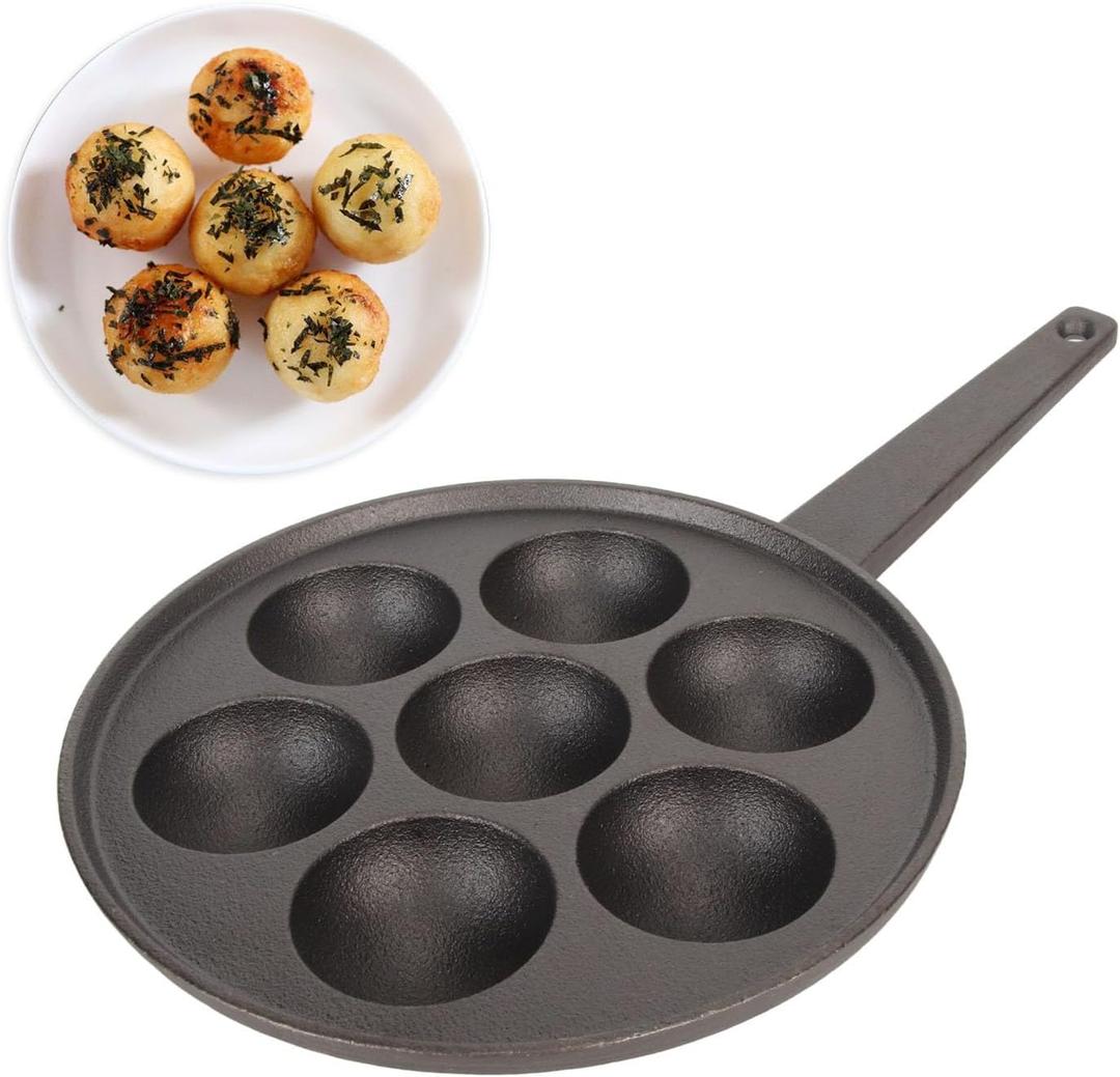 Cast Iron Takoyaki Pan, 7 Holes Nonstick Aebleskiver Pan Takoyaki Grill Pan for Home Kitchen Restaurant Hotel