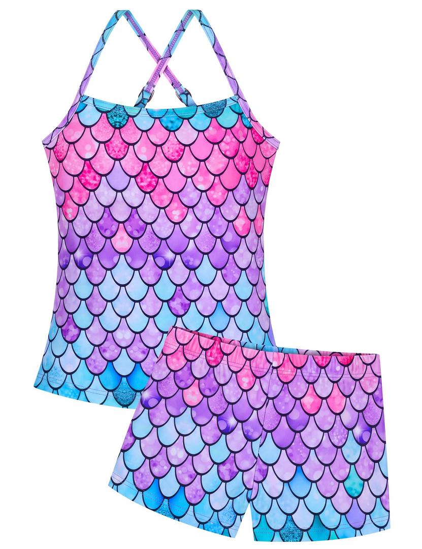 Girls Swimsuit Size 7-8 Years Old Colorful Scale Two Piece Swimsuit Tankini Sets Swimwear with UPF 50+ Sun Protection (Pink)