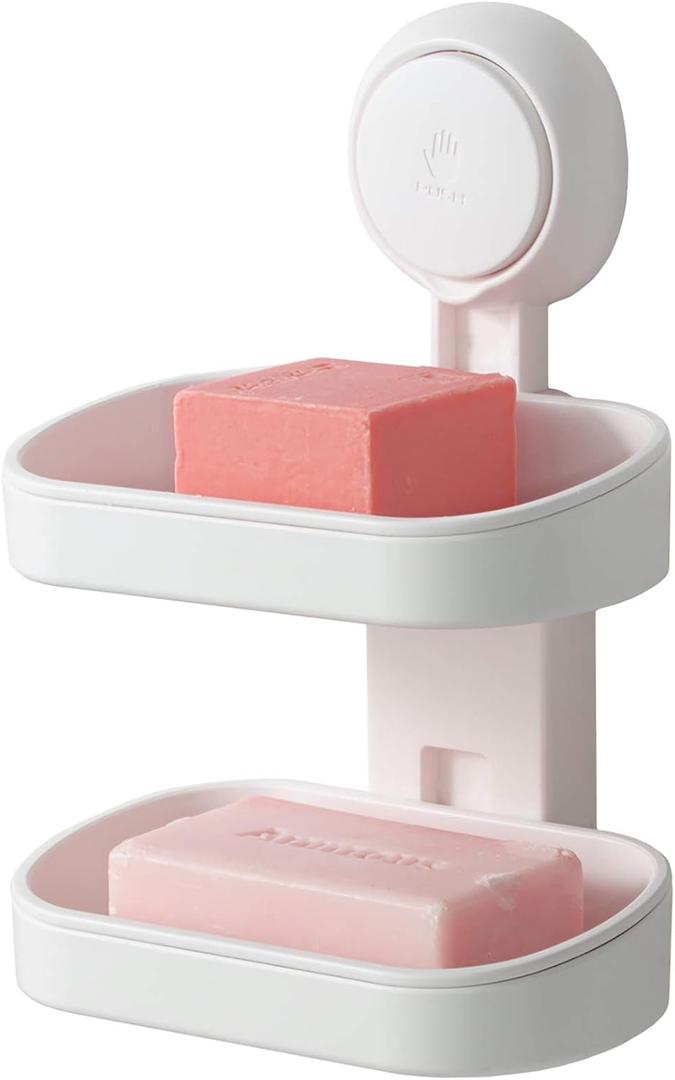 TAILI Double Layer Soap Dish Suction Cup Soap Holder, Strong Sponge Holder for Shower, Bathroom, Tub and Kitchen Sink, Drill-Free, Removable (5.8" * 3.7" 2 Tier, White)
