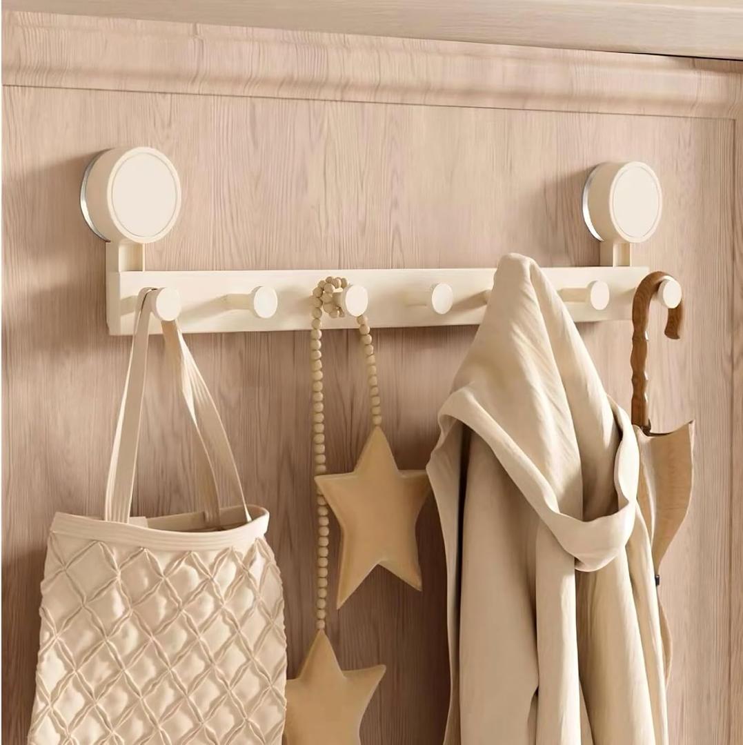 Heavy-Duty Over-Door Clothes Hook Rack, Black, Flat-Top Design, Universal Door Fit (Cream, Extended)