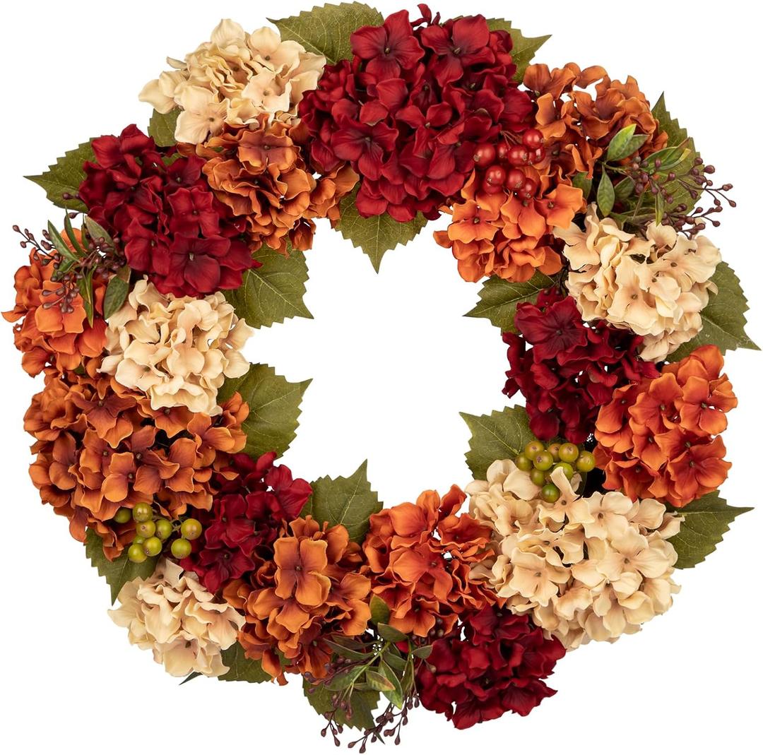 Fall Wreaths for Front Door, 24 inch Autumn Wreath with Hydrangeas Berries Large Fall Door Wreath Artificial Hydrangea Flowers Wreaths Autumn Decorations for Farmhouse Thanksgiving Harvest Door Wall (Brownish Red, Dusty Orange, Light Apricot)