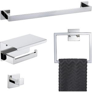 4-Piece Bathroom Hardware Set Chrome Bath Towel Bar Holder Sets Wall Mounted Stainless Steel Square Bathroom Accessory Kit, Polished Chrome 23.6 Inch