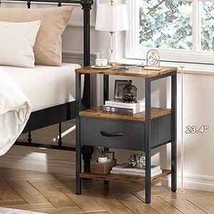 SUPERJARE Nightstand with Charging Station, Bed Side Table with Adjustable Fabric Drawer, Night Stand for Bedroom, 3Tier Storage End Table, for Living Room, Rustic Brown and Black