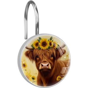12 Pcs Sunflowers and Highland Cow Round Shower Curtain Hooks Stainless Steel Decorative Hanger Rings for Bathroom Kitchen Bedroom Curtain Rods