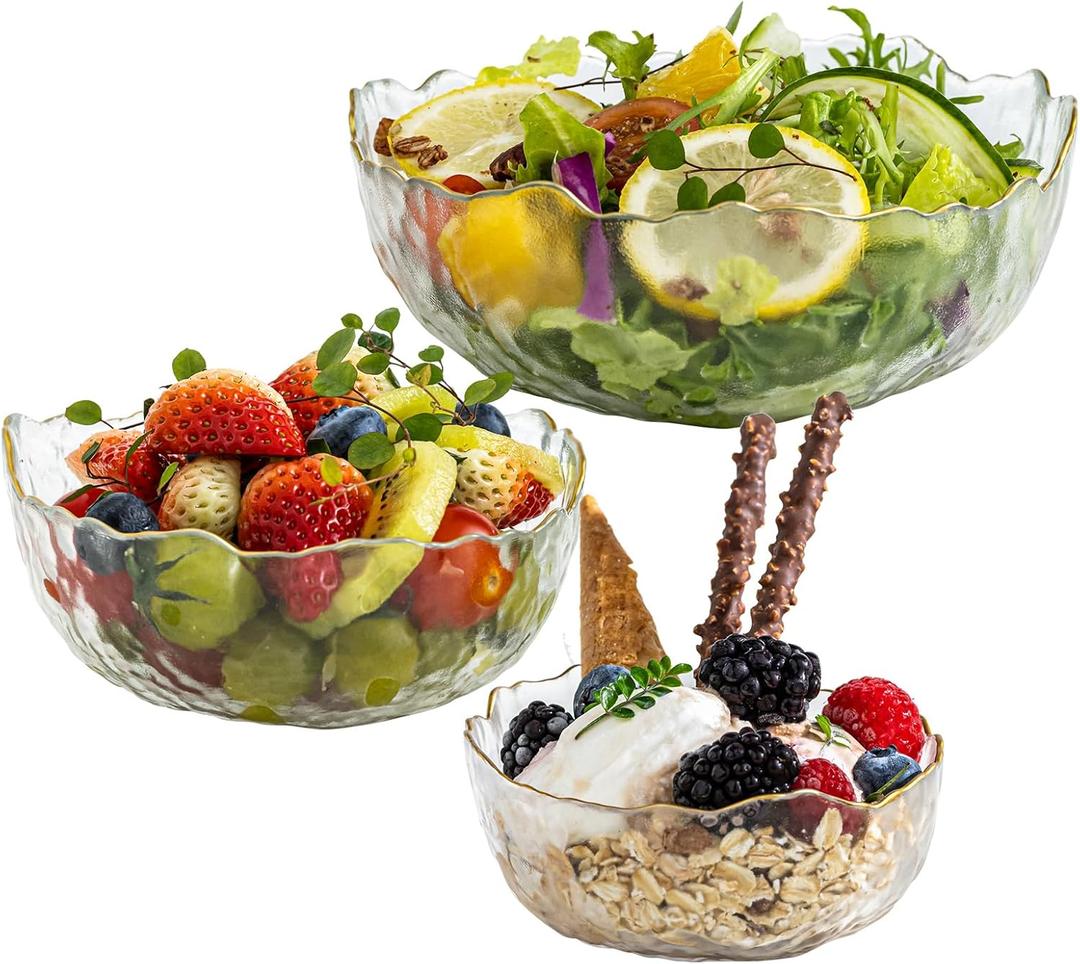 Glass Salad Bowl salads Set of 3 Vintage Phnom Penh Mixing Bowls,for Fruits, salads, Ice Cream, Snacks & Parties BPA-Free Serving Bowls For Kitchen, Dining, Entertaining (3)