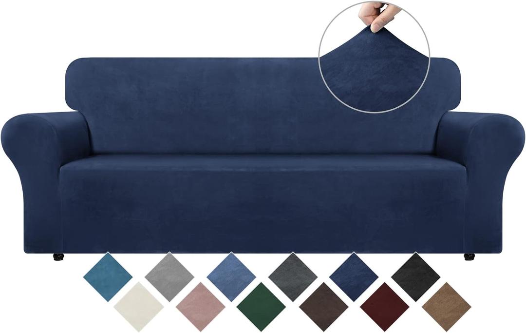 WEERRW Velvet Couch Cover for 3 Cushion Couch Covers - Stretch Sofa Slipcovers with Non Skid Foam and Elastic Bottom, Furniture Protector for Pets, Crafted from Soft Plush Fabric, Navy Blue, Large
