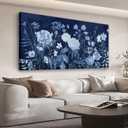 Large Flowers Wall Art for Living Room Decor Framed Art Floral Canvas Pictures Vintage Blossom Artwork Navy Blue Botanical Wildflower Canvas Prints for Bedroom Home Office Wall Decor 20" X 40"