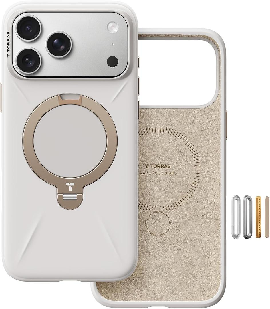 TORRAS Q3 Silicone 360 Spin for iPhone 17 Pro Case with Stand, Fit for MagSafe, Magnetic Ring Kickstand with Camera Control, Liquid Silicone Rubber Soft Phone Case for iPhone 17 Pro 6.3'', Light Ivory