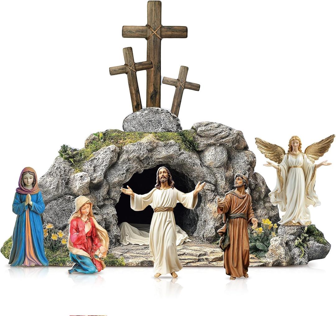 Bucherry 7 Pcs Easter Resurrection Scene Set Religious Wooden Easter Cross Shaped Table Decoration Jesus Nun Statue Centerpieces Christian Figurines Empty Tomb Easter Scene for Home Easter Gift