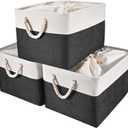 HOdo Home 3PCS Fabric Storage Bin with Drawstring Closure and 2 Bold Handles, Collapsible Large Canvas Storage Baskets for Organizing Shelf Nursery Home (White and Black, 15.8L11.8W9.5H) (15.811.89.5in/3-Pack)