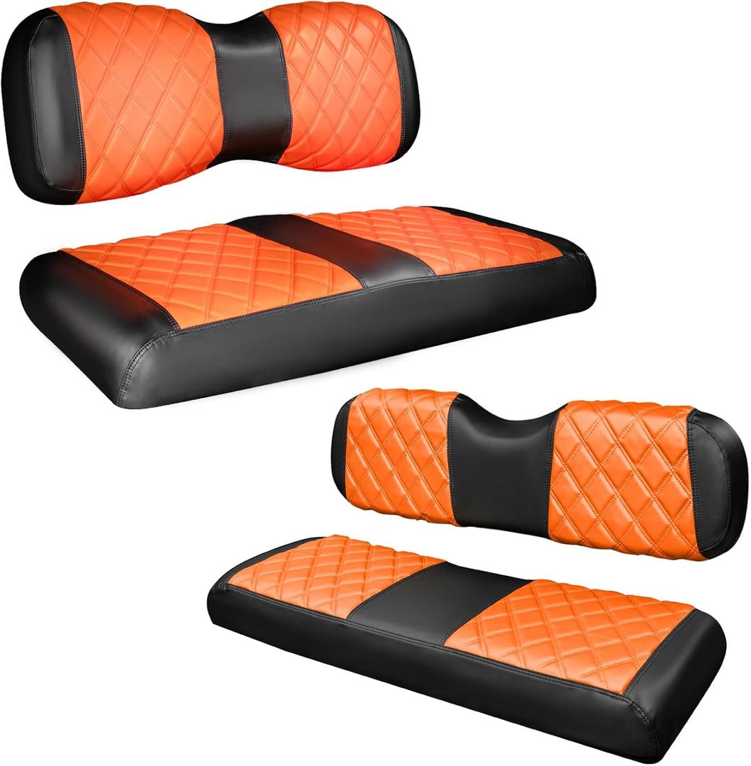 NOKINS 4PCS Golf Cart Diamond Seat Covers Kit,Front and Rear Seat Covers Fits for EZGO/Club Car/Yamaha Original Regular Seat Cushion, No Stapler (Orange and Black)