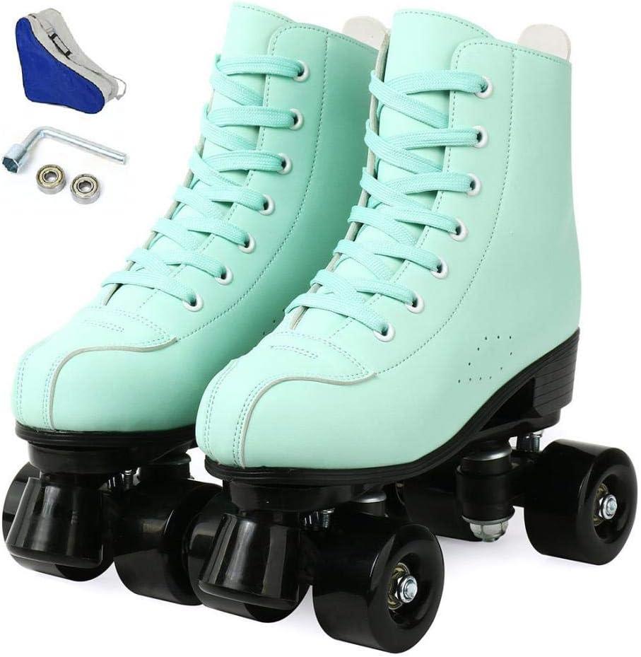 Jessie PU Leather Skates - Premium Adjustable Four-Wheel Roller Skates for Women, Men, Boys & Girls - Indoor & Outdoor (38-Women's 8/ Men's 6.5, Green Black Wheel)