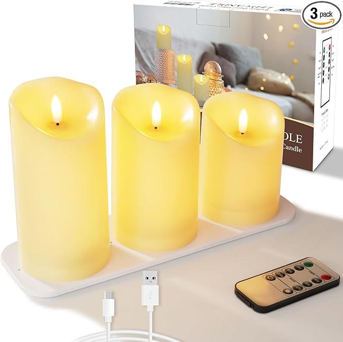 5plots Rechargeable Flameless Candles, Battery Operated LED Candles, Electric Candles with Remote and Timers, WaxLike Plastic, Ivory, 3Pack, 3" x 4"5" 6", for Home Decor