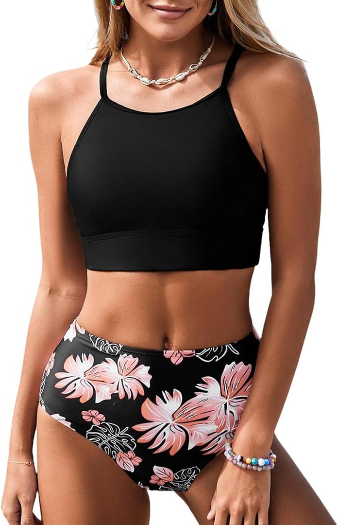 Herseas Women's Bikini Sets High Neck Tropical Leaf Print High Waisted Two Pieces Swimsuits Bathing Suits (Medium, Black)