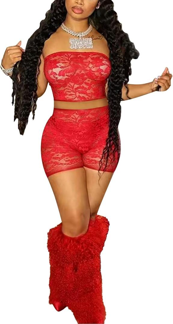 Mintsnow Women's See Through Lace 2 Piece Short Outfit Sheer Mesh Sleeveless Tube Top and Bodycon Shorts Sets Outfit Clubwear (Medium, Red)