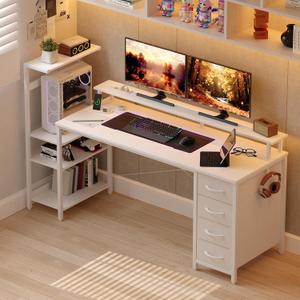 59 Inch Gaming Desk with Drawers & PC Tower Stand & LED Lights, White