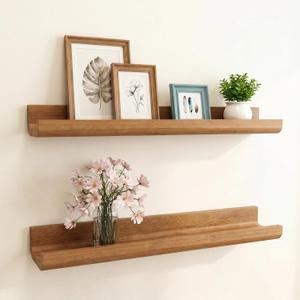Pine Wood Floating Shelves Set of 2, Wall Mounted Display Ledge Shelves with Lip, Rustic Farmhouse Storage Organizer for Living Room, Bedroom, Photo Frames & Plants (Light Brown, 23.6x 3.9 Inch), 23.6 Inch 2PCS