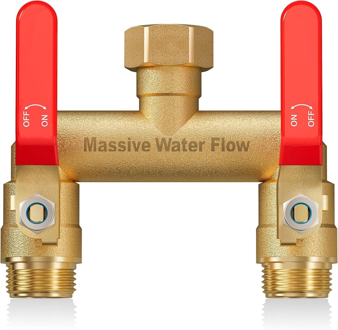 Hose Splitter 2 Way Heavy Duty, Full Flow Garden Hose Splitter with 2 Long Metal Handles, Brass Rust and Freeze Resistant Water Hose Bib Splitter, T Adapter Connector with 3/4 - Inch GHT ThreadRed