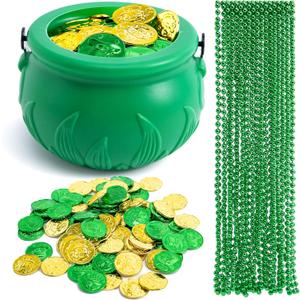 JOYIN 119 Pcs St. Patricks Party Supplies Set, 18 Bead Necklaces, 100 Plastic Coins and 1 Cauldron, St Patricks Day Party Favor Supply (Green Cauldron, Bead Necklace, Green and Gold Coins)