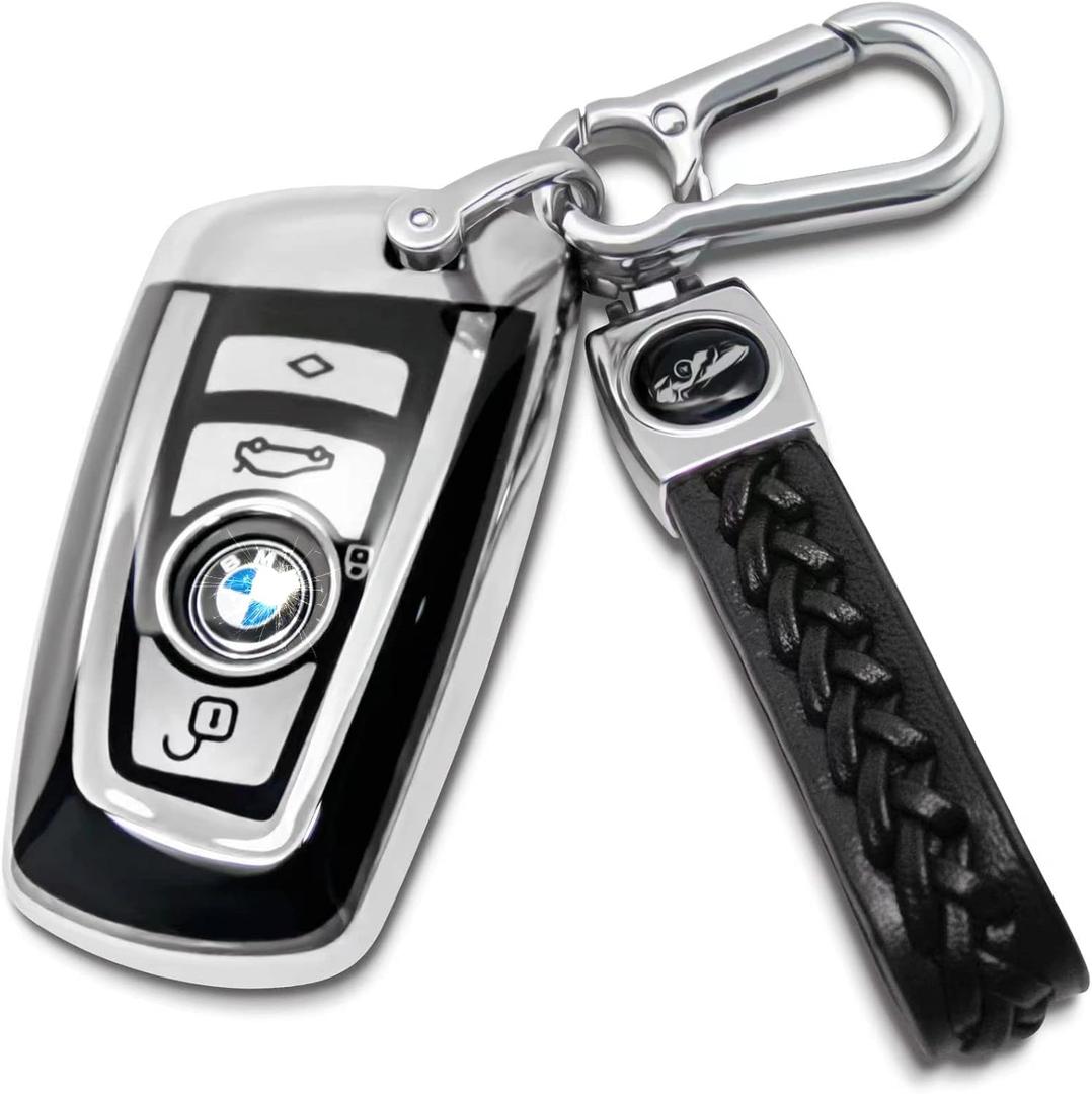Creativity Suitable For BMW key fob cover. Advanced soft TPU key box is compatible with X1 X3 X4 X5 X6 1 2 4 5 6 7 M3 M5 M6 GT3 GT5 G30 F10 F15 F16 F20 key (Type A Silver Key Case + key chain set) (Type A key cover, Silver Combination(type A))