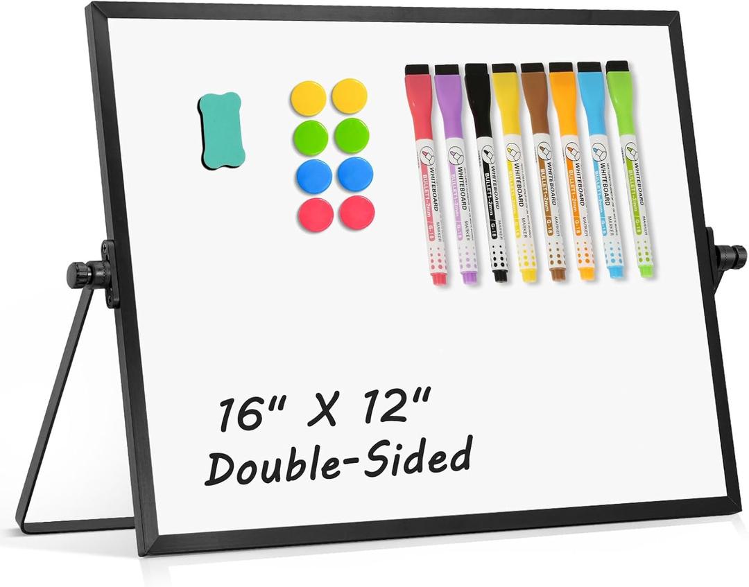 Dry Erase Magnetic White Board, 16" x 12" Black Framed Double-Sided Desktop Whiteboard with Stand, Portable Small Whiteboard Set for Drawing, Office, Home, School