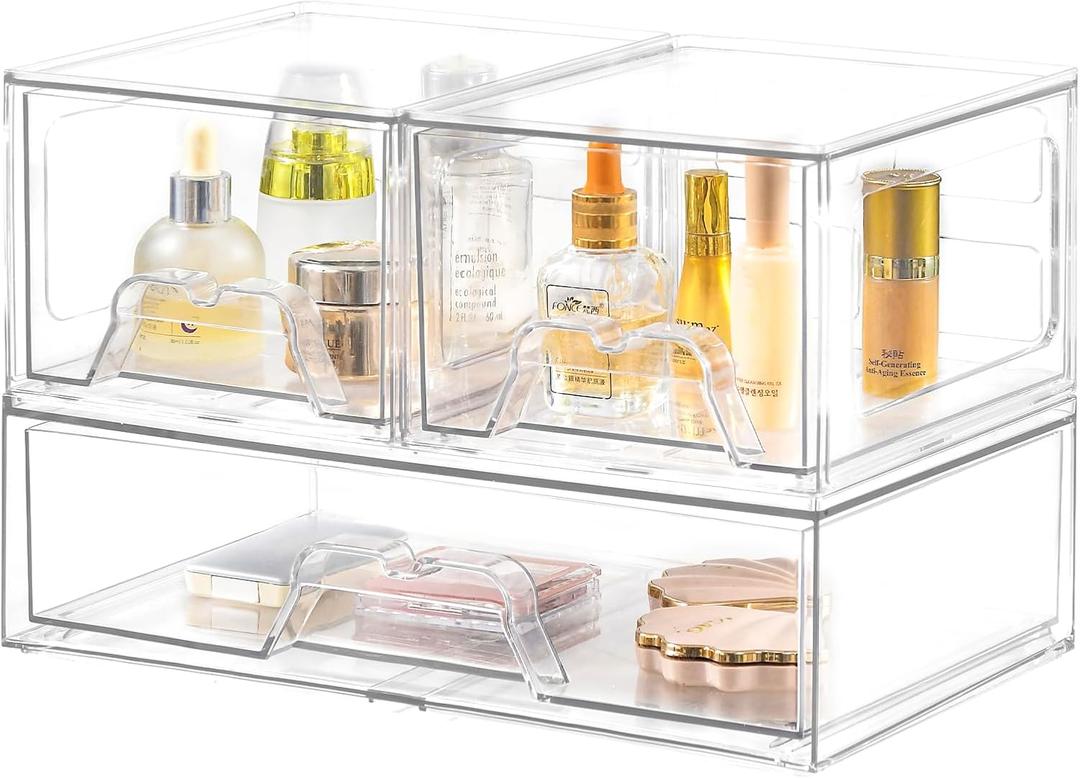 Stebopum 3 Pack Stackable Storage Drawers Clear Acrylic Organizer Makeup Bathroom Organizer and Storage for Beauty Supplies,Ideal for Vanity, Cabinet,Bathroom,Pantry Organization
