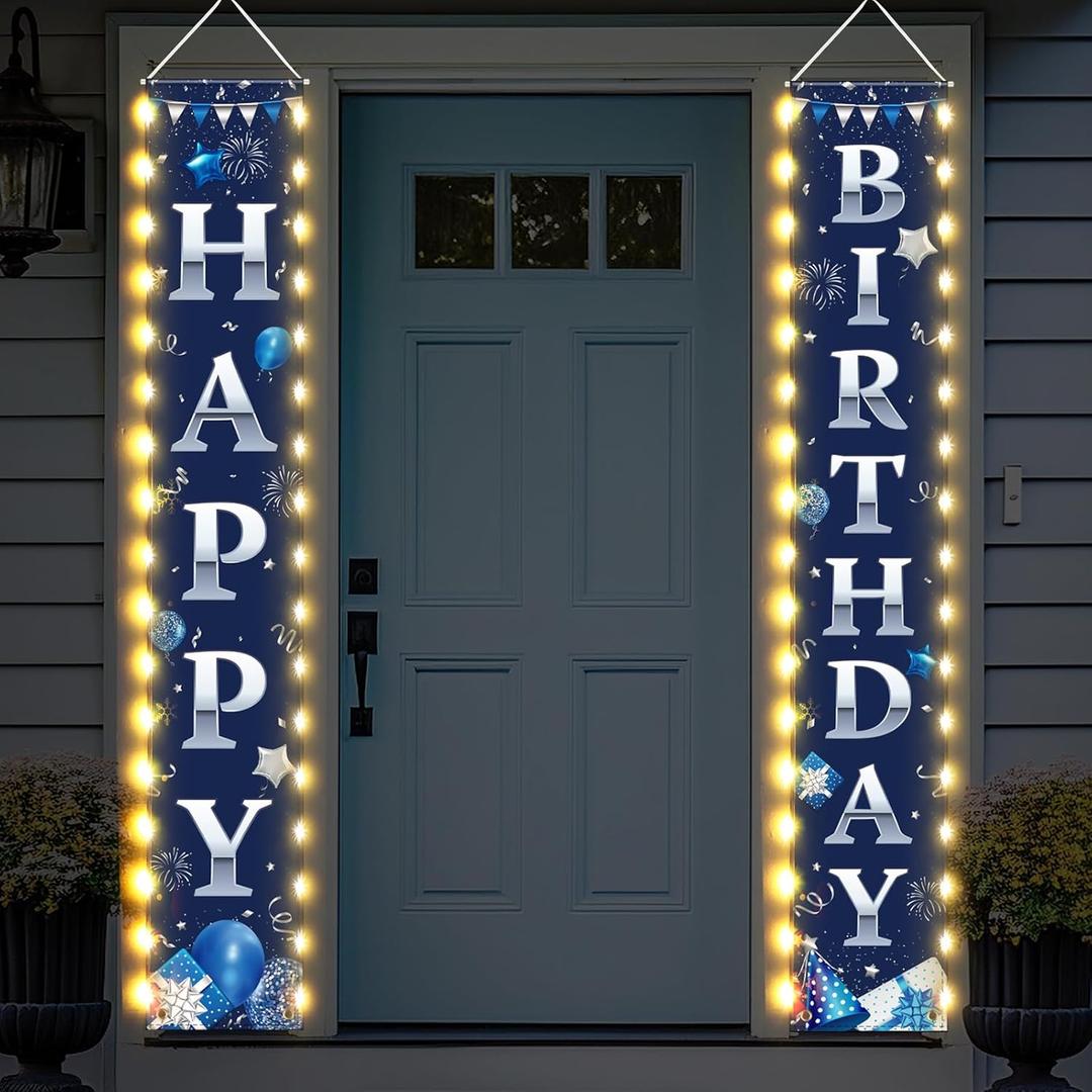 Breling Happy Birthday Banner with Lights 71 x 12 Inch LED Happy Birthday Decoration Door Banner Party Porch Sign Outdoor Indoor Hanging Supplies for Women Men(Blue Silver)