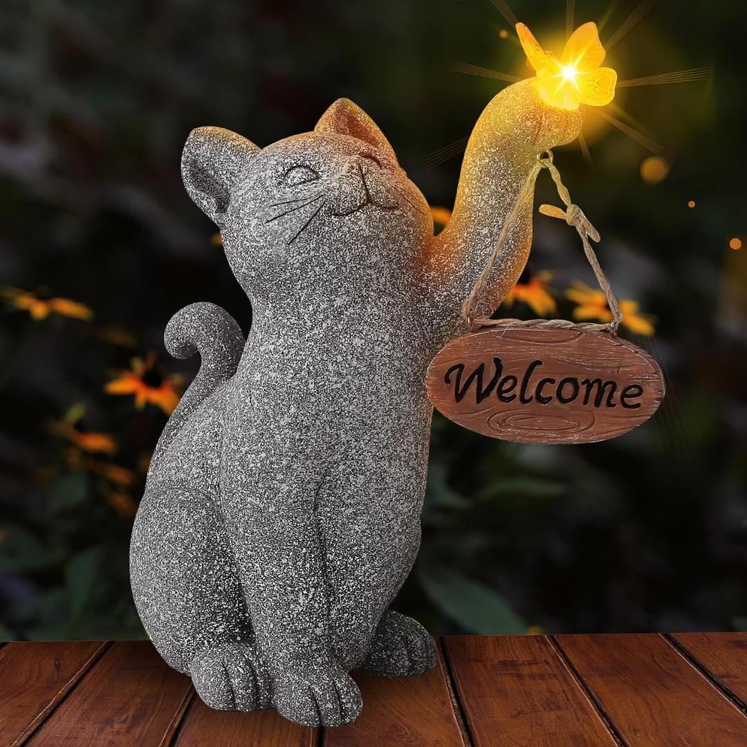 Solar Cat Garden Statue Outdoor Decor Cat Figurine with Butterfly Clearance Welcome Sign for Yard Lawn Ornaments Porch Patio Balcony Housewarming Unique Birthday Gifts for Grandma Mom Women