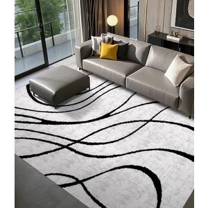 YIHOUSE Modern Rugs for Living Room, 8x10 Washable Black and White Area Rug, Thin Abstract Geometric Striped Rug, Area Rug for Bedroom,Kitchen,Dining Room,Office (Complex Lines)