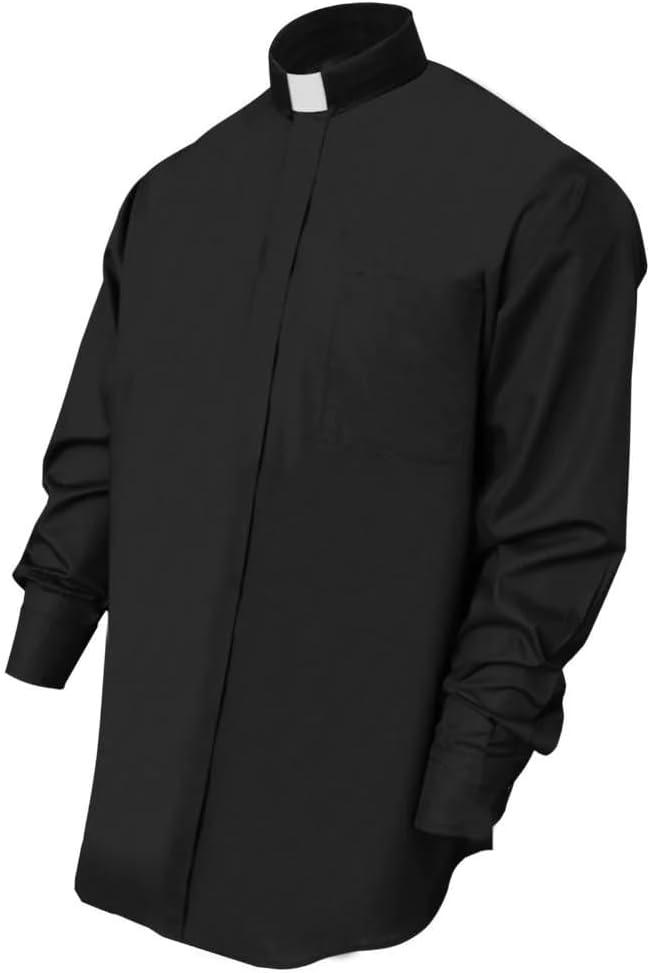 CLERKMANS Men’s Clergy Priest Shirt Long Sleeves, Free Tab Collar Insert for Pastor Preacher Minister Costume Button Shirt, Size 2 XL