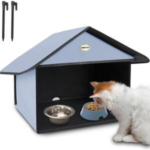 Dreyoo 1 Pack Outdoor Cat Feeding Station for Food & Water, Weatherproof Outdoor Kitty Dining Room Cat Shelter for Stray, Feral Cats and Community Cats, 13d x 17w x 15.5'h (Dusty Blue)