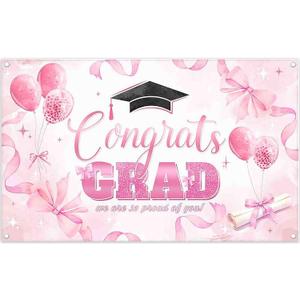 3 x 72x43inch Fabric Congrats Grad Pink Backdrop Watercolor Bow Balloon Graduation Photography Background School Graduate Prom Party Decorations Photo Banner Props