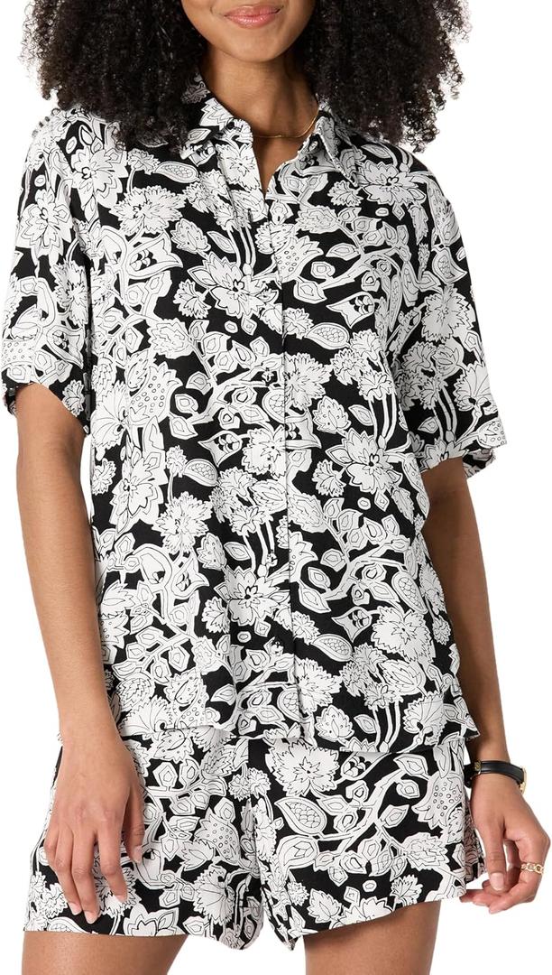 Amazon Essentials Women's Relaxed-Fit Fluid Twill Button-Down Shirt (Short Sold Separately) (Black Ivory Folk Floral, XS)