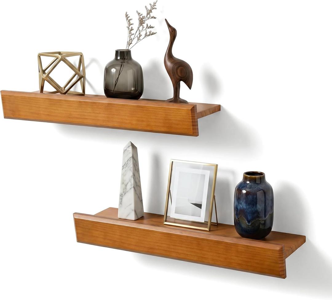 24 Inch Picture Ledge Shelf with Lip,Floating Shelves for Wall, Set of 2 Solid Pine Wood Shelves with Invisible Brackets, Wall Storage for Living Room, Bedroom, Kitchen, Bathroom(Dark Brown)