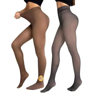 CHICME BEST SHOPPING DEALS Chic Me 2-Pack Extra Plus Size High Waist Fleece Lined Tights Translucent Thermal Pantyhose Leggings Gray+Brown, One Size