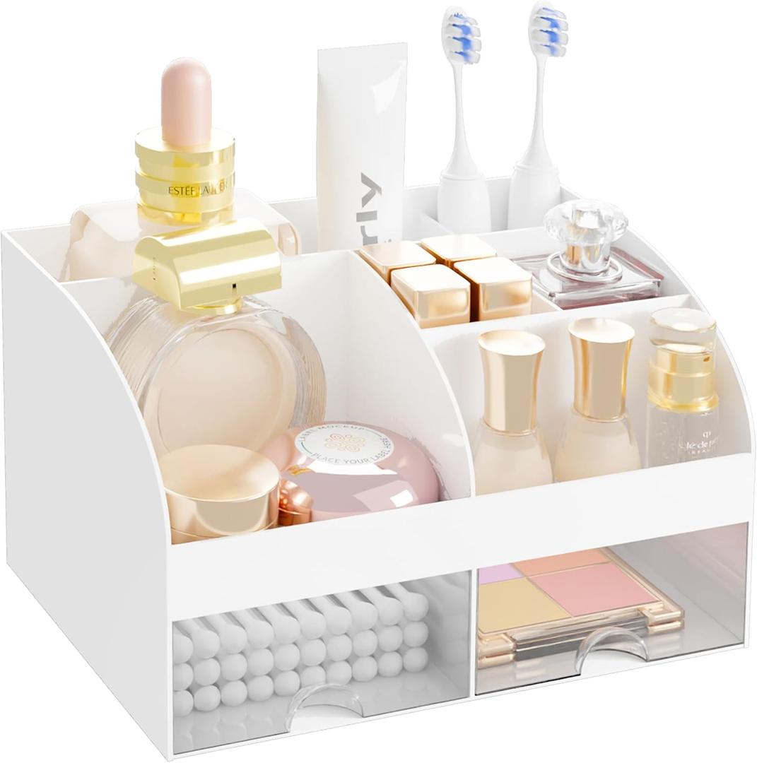 Makeup Organizer with 2 Drawers, Cosmetic Storage for Dresser Vanity and Bathroom Countertop, Make up organization and Skincare Storage with Beauty Brush Holder, Cosmetic Display Case (White)