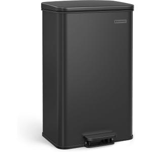 SONGMICS Kitchen Trash Can, 10.5 Gallon (40 L) Garbage Can, Large Step Trash Bin with Lid, Stainless Steel, Soft Close, 15 Trash Bags Included, Black ULTB540B40