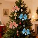 12Pcs Christmas Tree Topper,5.9 * 5.9inch Blue Orange Bow Christmas Ornament Tree Decoration,Santa hat Tree Topper Bow Decorations,Party Tree Topper Festive Window Decorations