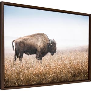Kate and Laurel Sylvie American Bison Buffalo in Prairie Grass Framed Canvas Wall Art, 23x33 Brown, Prairie Animal Wall Art Decor