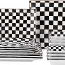 Porlien Checker Porcelain Square Dinnerware Set for 4, Dishes Set for 4 with 3.3-inch Dipping Saucers, Black and White Plates and Bowls Set