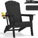 nevilywood Folding Adirondack Chair, Ergonomic Extended Backrest, HDPE All-Weather, 400lbs Capacity, Maintenance-Free, Cup Holder, Black- Outdoor Patio & Firepit Chair (1PC)