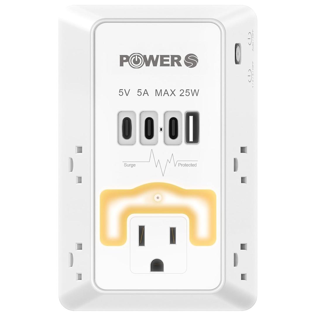 Electrical Outlet Extender with USB Ports (3C1A), Snug Wall Outlet with Night Light, Surge Protector, Wall Plug Adapter for Multiple Devices, Wall Socket Expander