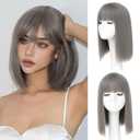 Grey Bob Wig With Bangs - Heat Resistant 14Inch Synthetic Hair, Short Straight Shoulder Length Natural-Looking Cosplay Wig for Daily Use, Parties & Women Girls