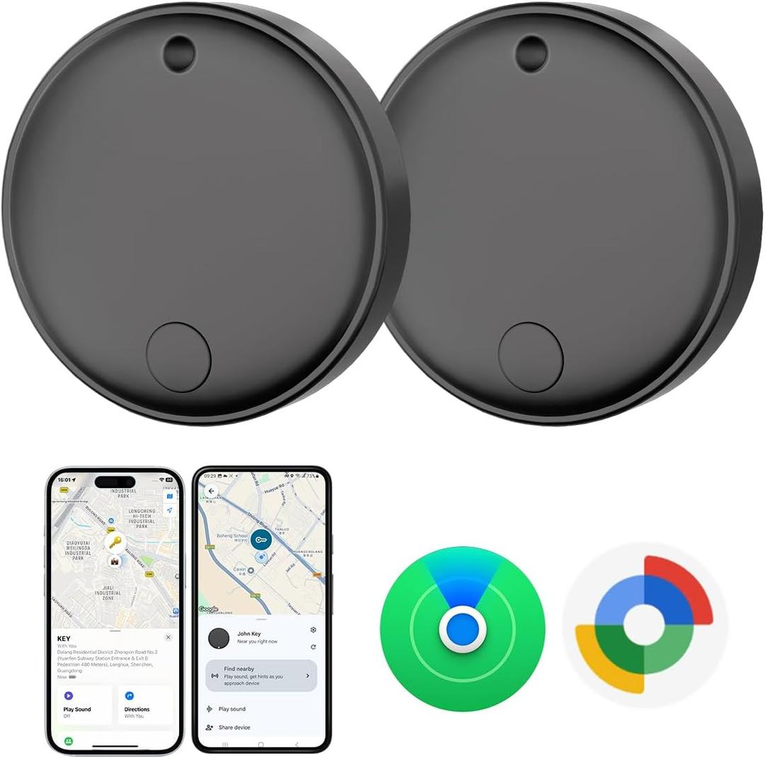 Tracker Tags for Android & iOS, Key Finder Tracking Device Smart Tracker Tag for Luggage, Wallet, Bike, Bags - Both Works with Apple Find My & Google's Find Hub - 2 Pack (Black)