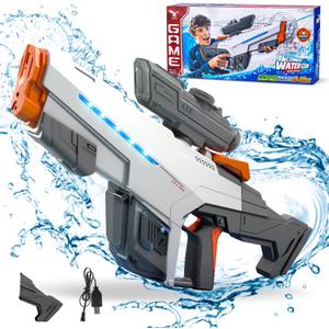 Automatic Electric Water Gun with Flashing Lights for Kids Adults,Range of 32 FT,Dual Batteries and 930CC High Capacity,Nice Gift for Kids & Adults (White)