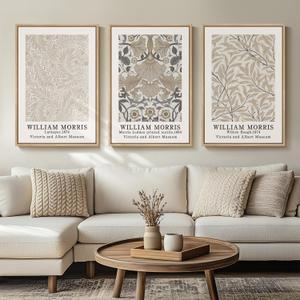 Framed Large William Morris Vintage Wall Art Set of 3, Large Neutral Botanical Floral Canvas Prints, Nature Rustic Boho Artwork for Living Room, Bedroom, Hallway or Office, 24x36 Inch, 24"W x 36" H x 3Pcs