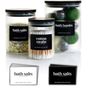 Mason & Fable 3x Ribbed Glass Bathroom Jars with Airtight Black Bamboo Lids | Cotton Pad/Buds/Q tip Holder | Bath Salt/Small Makeup/Apothecary Storage Canister- 10, 20 & 40 fl.oz